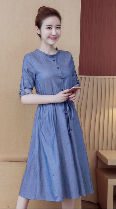 ĐẦM JEAN XÒE TAY DÀI CỔ BÈO TRÒN